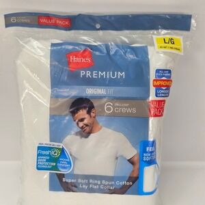 Hanes Premium Original Fit Tagless Crew Neck T Shirt Value Pack Men L White 6pk